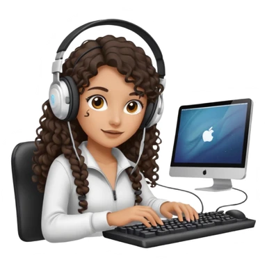 Spanish girl with long dark curly hair, wearing a white gaming headset and playing on keyboard with a gaming mouse in one hand sticker