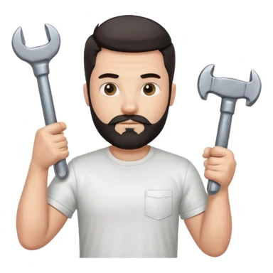  guy who looks very handsome, he has a dark beard, wears a white tee shirt and holds a wrench in one hand and a black hammer in the other hand sticker