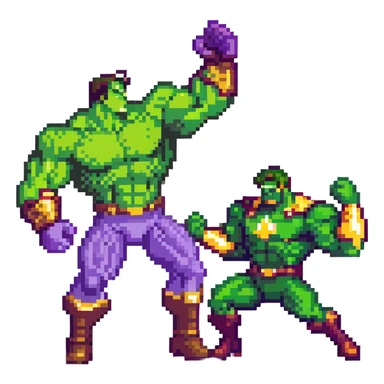 Hulk vs Thanos battle scene, green muscular superhero fighting purple villain with Infinity Gauntlet, action poses sticker
