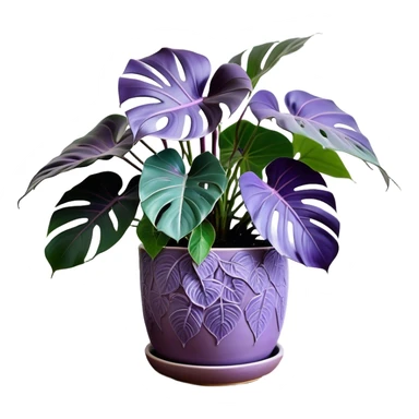 A stunning purple monstera plant with deep violet-green leaves, each leaf elegantly veined with subtle shades of purple, creating an ethereal glow. The plant is flourishing in a beautifully crafted lavender ceramic pot with intricate embossed floral patterns. The background features a softly blurred, moody violet gradient, enhancing the plant’s lush aesthetic. Delicate strands of ivy and tiny lavender blossoms cascade around the pot, adding depth and harmony. Soft, diffused lighting casts a gentle glow, emphasizing the plant’s unique coloration and creating a dreamy, artistic composition. sticker