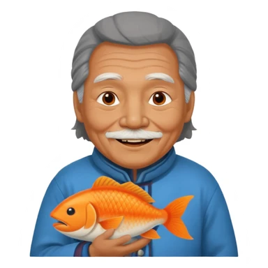 old inuit man with traditional inuit clothes and orange fish sticker