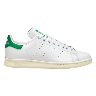 White and green Adidas Stan Smith sneakers with iconic green heel tab and perforated three stripes on the sides sticker