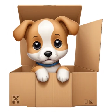  A very cute young puppy  with one's head tilted to one side poked its paws out of the cardboard big box and placed them on top of it sticker