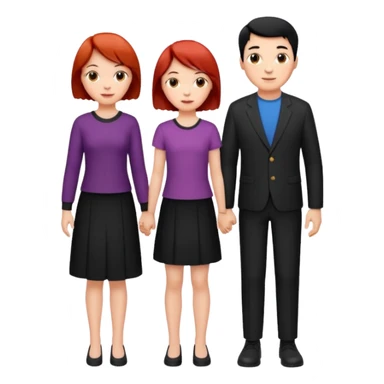 a family of three, all three white: the mother with short red hair, the father with black hair, and the daughter with black hair girl sticker