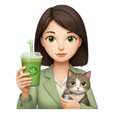 a brunette woman in here 30S drinking an iced matcha, carrying a grey cat and a map of the world sticker