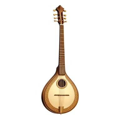 Bouzouki – Cinematic Realistic Bouzouki, depicted as a beautifully crafted Greek string instrument with a long neck and ornate fretwork, its polished wooden body reflecting warm golden light, set on a rustic background with soft shadows that evoke traditional Mediterranean music. sticker