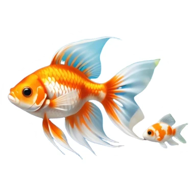 Large aquarium fish like veil tails and lionhead goldfish swimming gracefully in a beautifully decorated aquarium. Colorful aquatic plants, smooth rocks, and gentle bubbles surround the fish. The water shimmers in sunlight, creating a peaceful and vibrant underwater scene. Transparent background. sticker