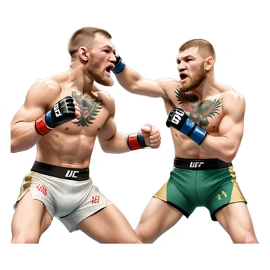 Iconic MMA match between Conor McGregor and Khabib Nurmagomedov in the octagon. McGregor throws a powerful punch while Khabib counters with a takedown attempt. The crowd roars in the background as the fighters showcase their intense rivalry. Transparent background captures the high-stakes fight sticker