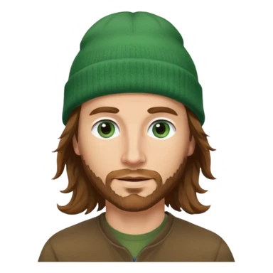 white man
aged 40
Blue eyes, 
mid length brown wavy hair
Green beanie hat sticker