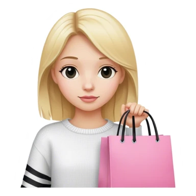 Blond girl wearing a white sueter with black stripes, carring a pink shopping bag sticker