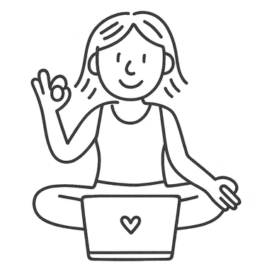 hand-drawn outlined icon of a yoga teacher with a laptop sticker