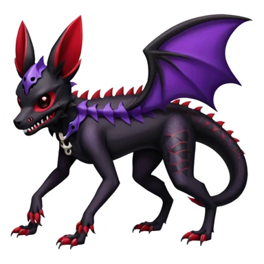 Gothic Black red purple Scaley Exotic Salandit-Umbreon-Noibat-Houndoom-Fakémon-hybrid-creature (full body), 4 legs, skull face mask sticker
