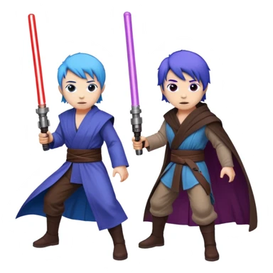 one blue haired jedi with purple lightsaber vs dark brown hair jedi with red lightsaber emoji sticker