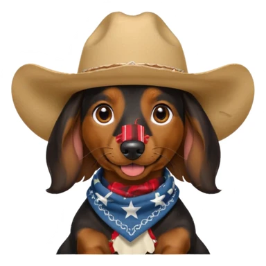 mostly black with some brown long hair daschund with a cowboy hat, ears curl out a bit and bandana and tongue slightly out sticker