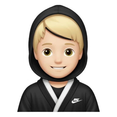 Create a blond boy with long, messy hair, light eyes, a white t-shirt, rich, with long hair, blue eyes, medium-length, voluminous hair, wearing a black Nike bathrobe and a little blush near his nose. and with a balaclava like a ninja sticker