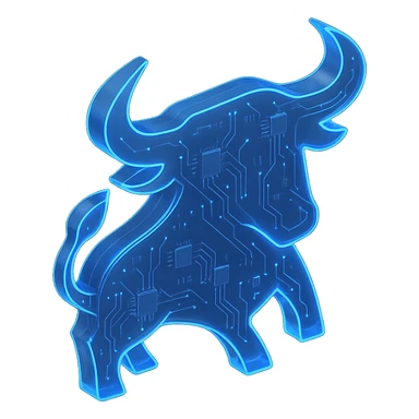 digital bull logo with blue LED glow, modern tech look sticker