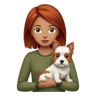 Westhighland white terrier dog being held by woman with dark shoulder length red hair and hazel eye wearing olive green top sticker