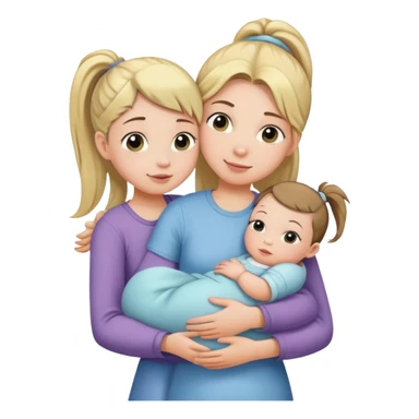 Big sister with ponytail carefully holding newborn baby while hugging younger sister sticker