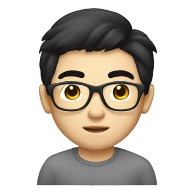 A young Chinese man with black hair, long hair, and a center cut. He has black framed glasses, small eyes, big nostrils, and a round face. He is working with a laptop in front of him sticker