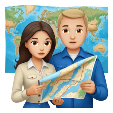 Russian man and elegant fair-skinned Latina girl in costal outfits with a map planning  sticker