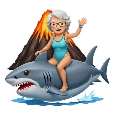 A grandma riding a shark into a volcano sticker
