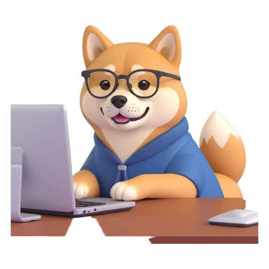 shiba inu with eye glasses and computer sticker