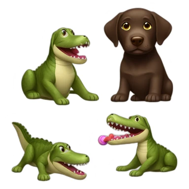 Chocolate labrador playing with toy crocodile sticker