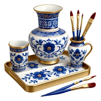 Metal painting icon, a metal vase, tray and one metal cup with 3 brushes, each decorated with different techniques: Gzhel-style blue floral patterns, Chinese red and gold designs, and intricate Golden embroidery-style details. Visible fine paintbrush, paint pots, and accessories like porcelain palette, minimalistic style, clean lines, transparent background. sticker