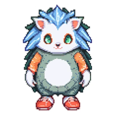 blue humanoid hedgehog with white gloves and socks, red shoes, 3 quills, peach belly, green eyes sticker