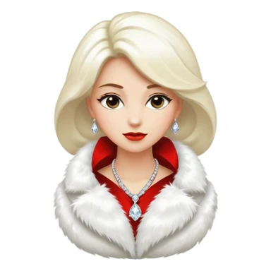 * Character: A stylish lady
* ﻿﻿Clothing: A luxurious white fur coat
* ﻿﻿Accessories: A dazzling diamond necklace
* ﻿﻿Expression: Confident, elegant, maybe slightly glamorous
* ﻿﻿Pose: Head slightly tilted or a poised posture
* ﻿﻿Style: Emoji-like, simple but expressive sticker