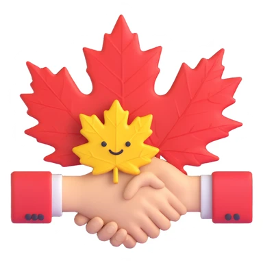 emblem representing a Canadian union, featuring a maple leaf and handshake, 3D emoji style sticker