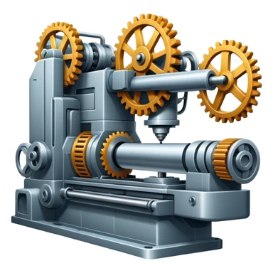 An icon featuring a giant machine tool in a factory, manufacturing machines. The design includes gears, mechanical parts, and a production line, representing the art of mechanical engineering and industrial design. Transparent background highlights precision engineering and manufacturing processes. sticker