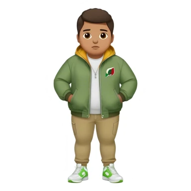 Fat mexican teen with green jacket, skinny khaki jeans, and white nikes sticker