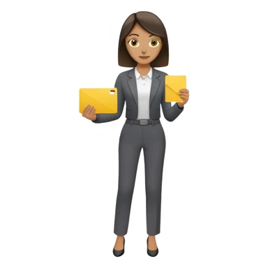 Woman in dark grey trousers holding a yellow card in one hand sticker
