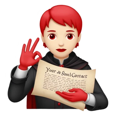 Minimalist emoji-style sticker of a pale hand signing a parchment contract titled “YOUR SOUL” in gothic font, muted red ink, grayscale background sticker