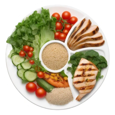 a large white round plate of realistic healthy food sticker