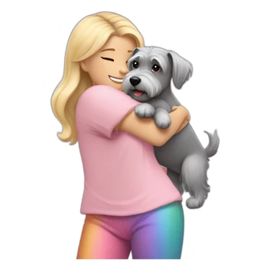 A girl with blonde hair in a light pink T-shirt and rainbow leggings hugs a gray Schnauzer dog sticker