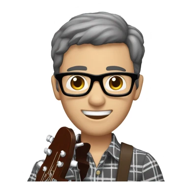 A male music teacher with short grey and brown hair, with very light stubble,  black rectangle glasses, wearing a short sleeve button up patterned shirt, larger muscular body type, playing a guitar sticker