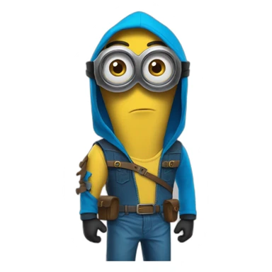 minion blue hood blue shirt gray pants with gold insert belt leather shoes black mask three stripes claw marks glasses angry glance sticker