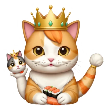 princess cat eating sushi, playful, small crown, holding sushi, emoji style sticker