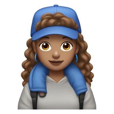 girl with wavy brown hair , blue eyes , light skin wearing blue  AirPods Max and blue cap sticker