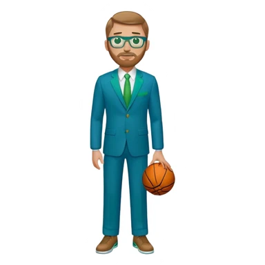 full body White male basketball coach light brown hair, short beard, green/blue eyes wearing glasses and blue and green suit sticker