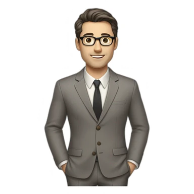 Full height Pale skinned Fit Man With dark brown hair in classic gray suit, beige office shirt, dark gray tie, and vintage glasses. His right hand stretched out sticker