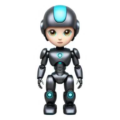 Cute futuristic chibi humanoid robot with large rounded head, add text on chest "LMX", glossy black and grey metal body, glowing cyan and amber eyes, visible joints, confident pose, white background, high-detail 3D render,  sticker