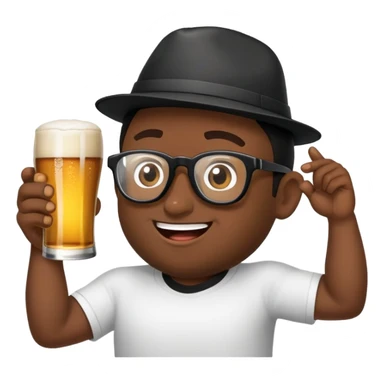 criar emoji de homem loiro com óculos escuros pretos esportivos, lata de cerveja na mão e boné preto na cabeça sorrindo sticker