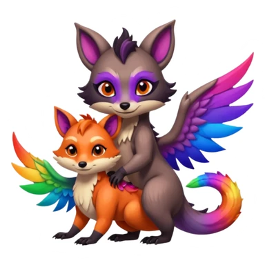 black female raccoon dragon hybrid with rainbow colored wings and purple eyes hugging a red female fox dragon hybrid with rainbow colored wings and orange eyes sticker