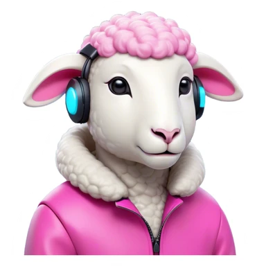 Sheep character with minimalist features and a distinctive high-tech earpiece that wraps around one ear. The earpiece should be sleek, futuristic and glowing in vibrant pink that contrasts with the sheep's clean white body. The sheep has a trendy asymmetrical wool haircut with one side featuring an undercut style. The sheep wears fashion-forward, colored clothing - perhaps a color-blocked jacket in bold hues or a stylish oversized sweater in a trendy shade. Simple, bold shapes with minimal details but with a confident, slightly smirking expression that gives off a true trendsetter vibe - like this sheep is always ahead of the curve and knows it. sticker