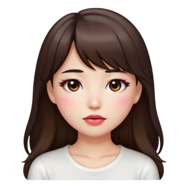 “japanese style Emoji brunette girl long hair with side bangs white top, dewy skin, heavy blush across cheeks and nose bridge, glossy cherry lips, soft eyeliner, teary sparkling eyes sticker