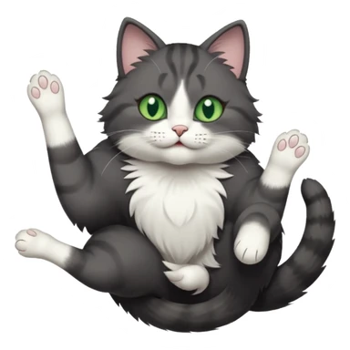 dark grey cat with green eyes, white toes/paws and white patch on her chest playfully rolling upside down sticker