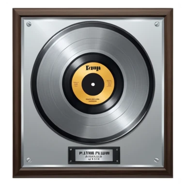 A platinum music award plaque: a square, polished platinum plate with a subtly textured, mirror-like finish, mounted on a simple dark wood base. The center features a relief of a or stylized vinyl record in a slightly darker metallic tone.  sticker